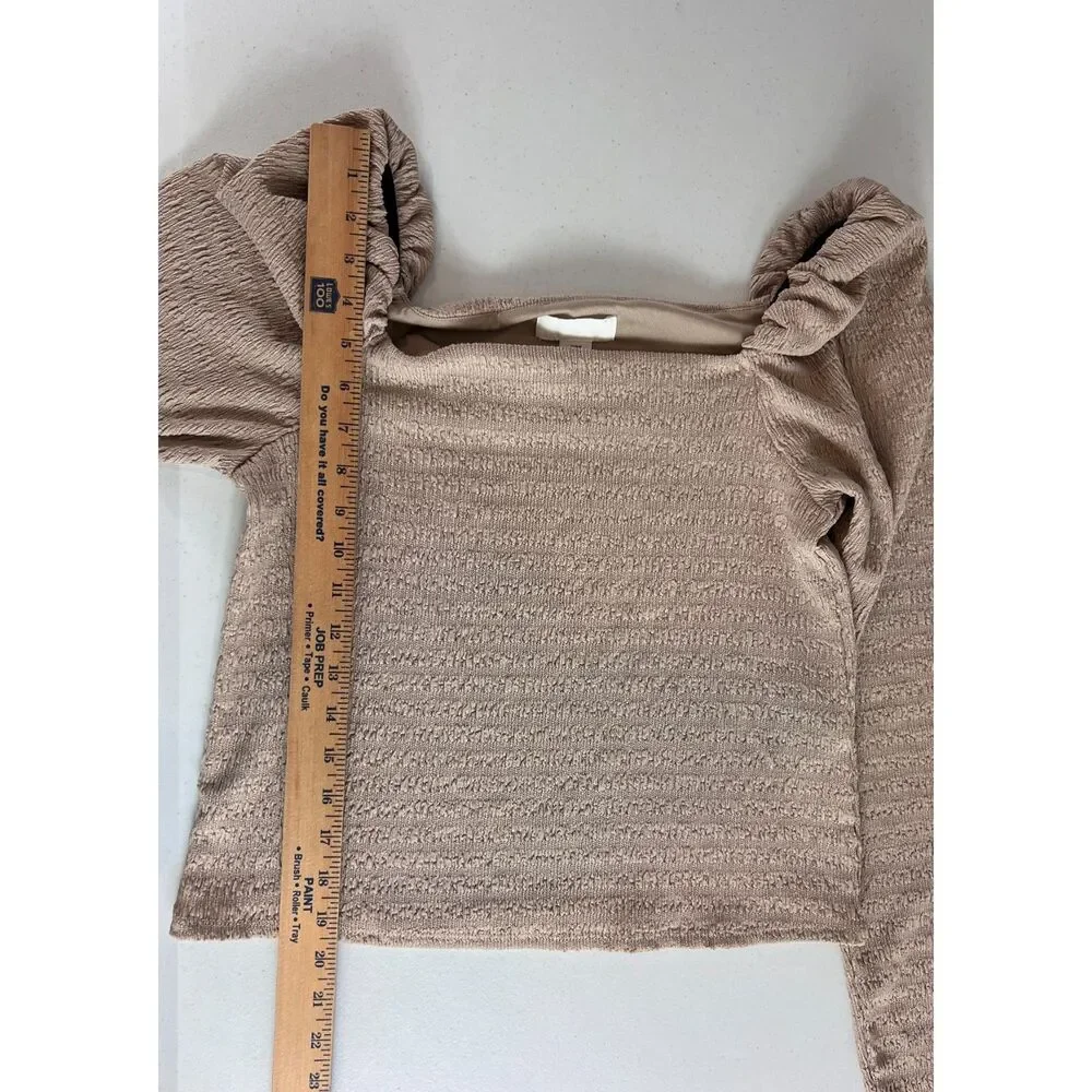 H&M Women's Tan Beige Long Sleeve Crinkle Off Shoulder Blouse Top Size M